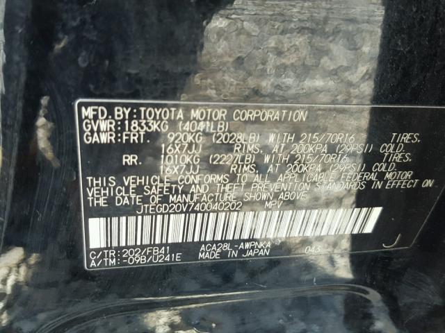 JTEGD20V740040202 - 2004 TOYOTA RAV4 BLACK photo 10