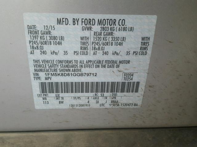 1FM5K8D81GGB79712 - 2016 FORD EXPLORER X SILVER photo 10