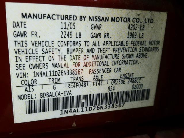 1N4AL11D26N338567 - 2006 NISSAN ALTIMA S RED photo 10