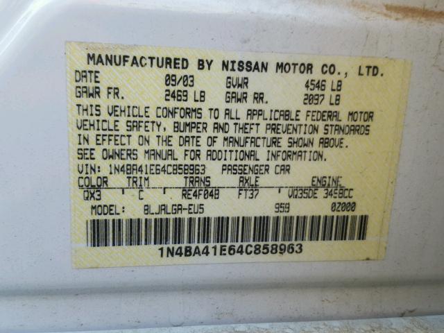 1N4BA41E64C858963 - 2004 NISSAN MAXIMA SE WHITE photo 10