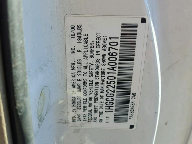 1HGCG22501A006701 - 2001 HONDA ACCORD EX WHITE photo 10