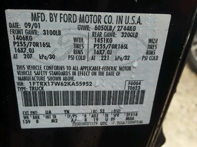 1FTRX17W62KA55952 - 2002 FORD F150 BLACK photo 10