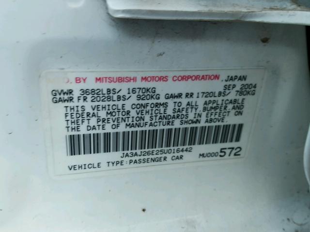 JA3AJ26E25U016442 - 2005 MITSUBISHI LANCER ES WHITE photo 10