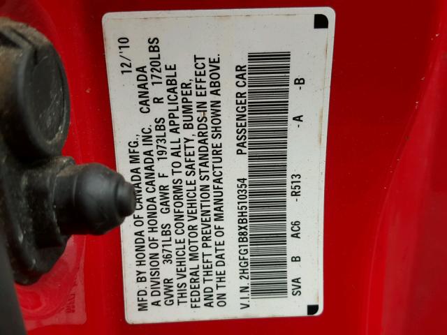 2HGFG1B8XBH510354 - 2011 HONDA CIVIC EX RED photo 10