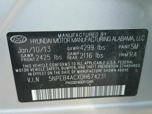 5NPEB4ACXDH674231 - 2013 HYUNDAI SONATA GLS SILVER photo 10