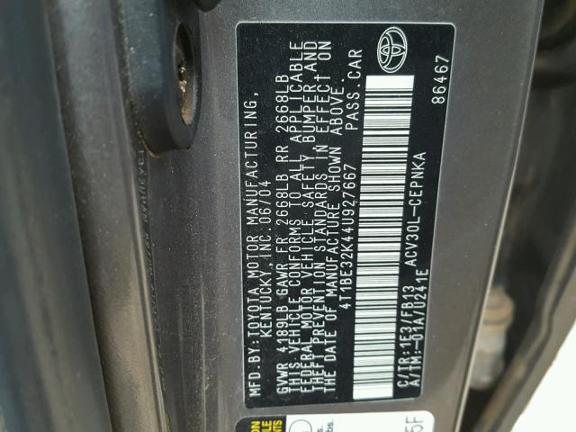 4T1BE32K44U927667 - 2004 TOYOTA CAMRY LE ნაცრისფერი ფოტო 10