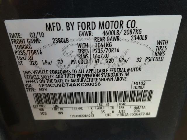 1FMCU9D74AKC30056 - 2010 FORD ESCAPE XLT GRAY photo 10