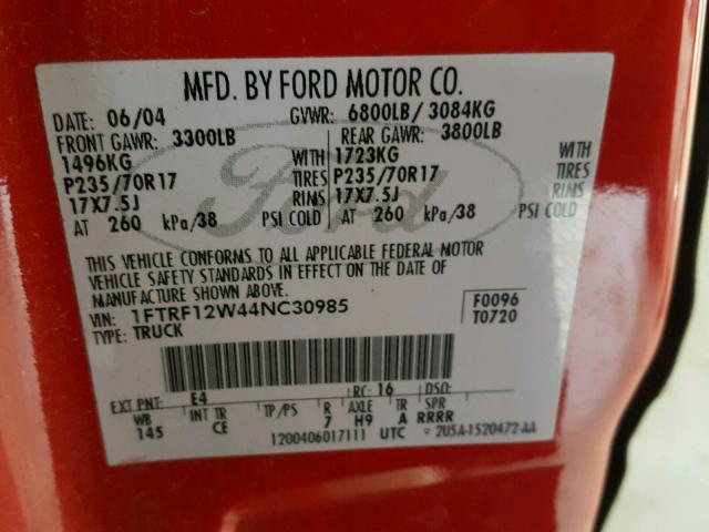 1FTRF12W44NC30985 - 2004 FORD F150 RED photo 10