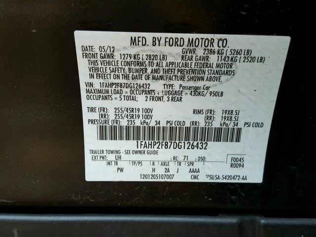 1FAHP2F87DG126432 - 2013 FORD TAURUS LIM BLACK photo 10