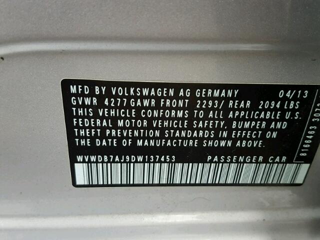 WVWDB7AJ9DW137453 - 2013 VOLKSWAGEN GOLF SILVER photo 10