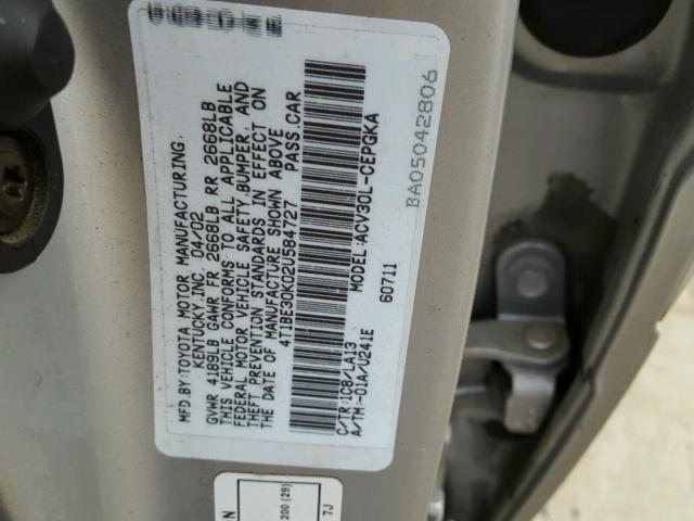 4T1BE30K02U584727 - 2002 TOYOTA CAMRY LE SILVER photo 10