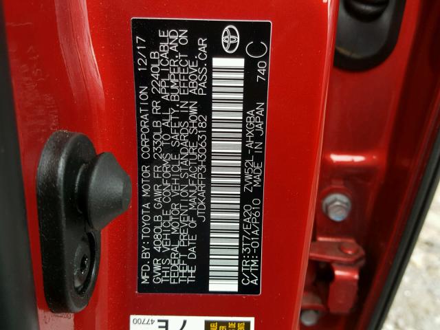 JTDKARFP3H3063182 - 2017 TOYOTA PRIUS PRIM 红色 照片 10