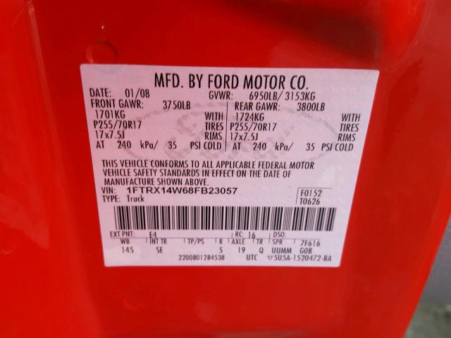 1FTRX14W68FB23057 - 2008 FORD F150 RED photo 10