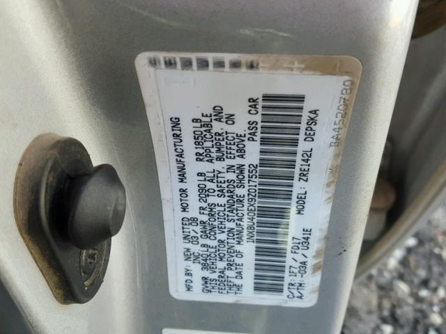 1NXBU40EX9Z017552 - 2009 TOYOTA COROLLA BA SILVER photo 10