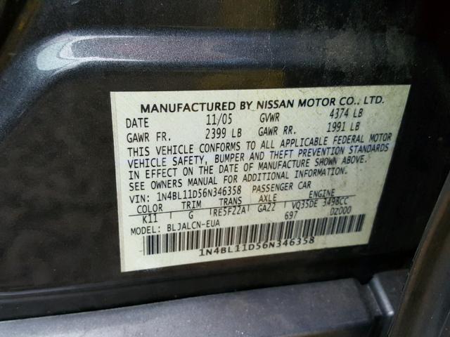 1N4BL11D56N346358 - 2006 NISSAN ALTIMA SE GRAY photo 10