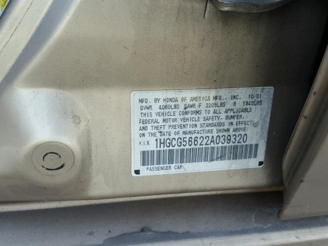 1HGCG56622A039320 - 2002 HONDA ACCORD EX GOLD photo 10