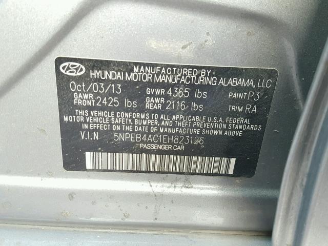 5NPEB4AC1EH823126 - 2014 HYUNDAI SONATA GLS GRAY photo 10