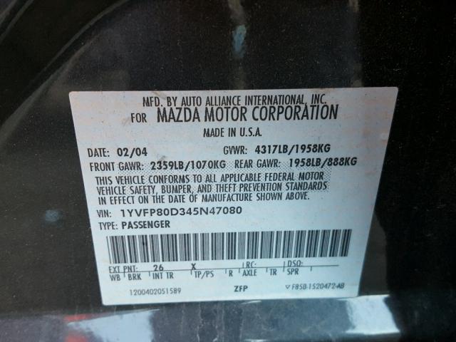 1YVFP80D345N47080 - 2004 MAZDA 6 S CHARCOAL photo 10