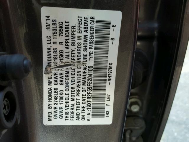 19XFB2F59FE204105 - 2015 HONDA CIVIC LX CHARCOAL photo 10