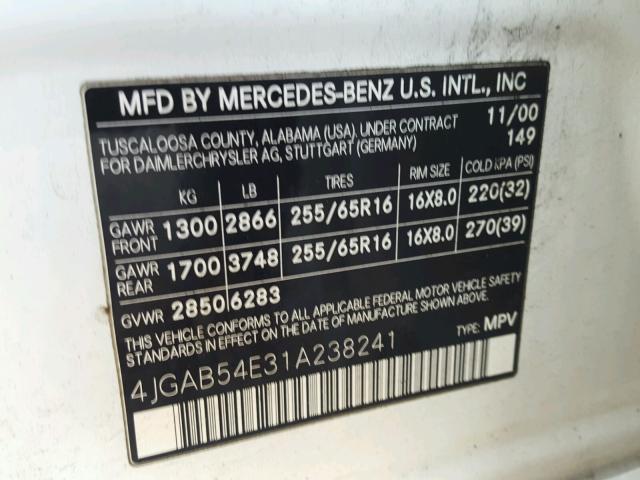 4JGAB54E31A238241 - 2001 MERCEDES-BENZ ML 320 WHITE photo 10