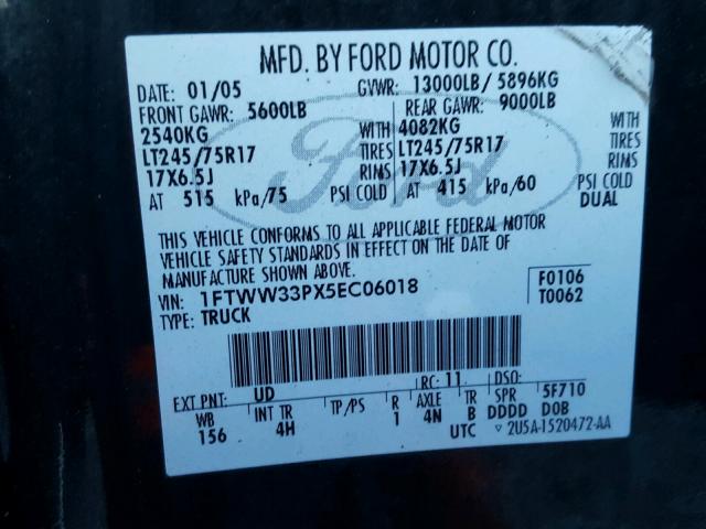 1FTWW33PX5EC06018 - 2005 FORD F350 SUPER BLACK photo 10