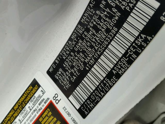 4T1BF1FK5CU633396 - 2012 TOYOTA CAMRY BASE თეთრი ფოტო 10