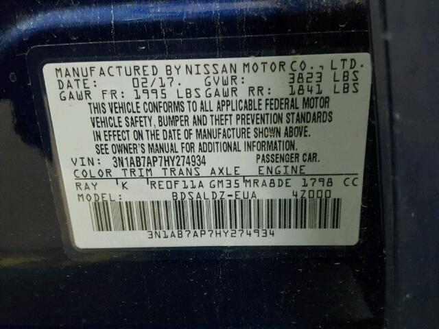 3N1AB7AP7HY274934 - 2017 NISSAN SENTRA S BLUE photo 10