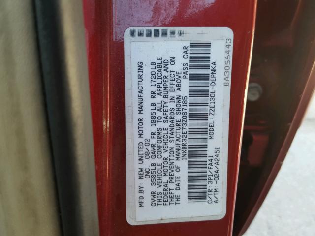 1NXBR32E73Z087185 - 2003 TOYOTA COROLLA RED photo 10