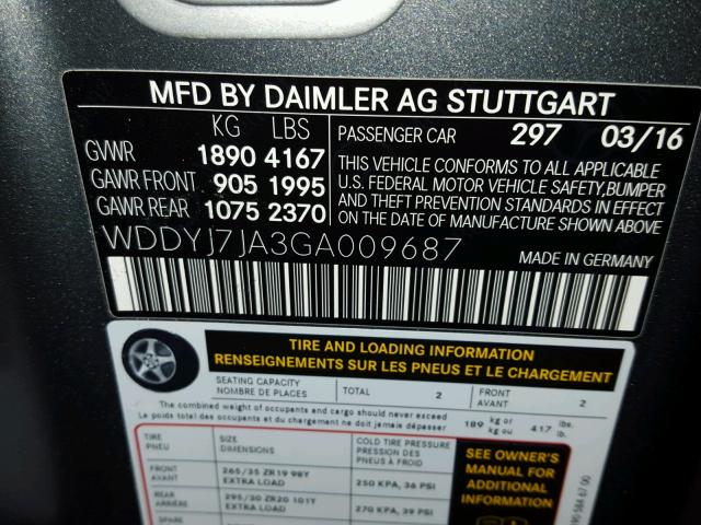 WDDYJ7JA3GA009687 - 2016 MERCEDES-BENZ AMG GT S GRAY photo 10