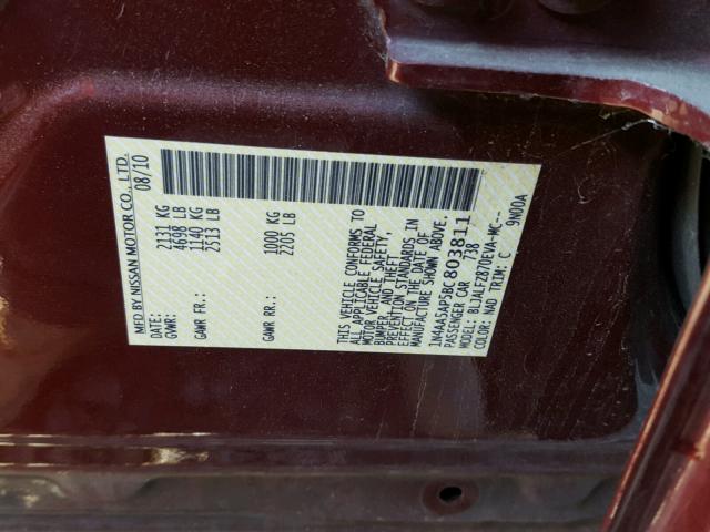 1N4AA5AP5BC803811 - 2011 NISSAN MAXIMA S MAROON photo 10