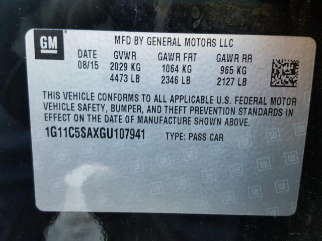 1G11C5SAXGU107941 - 2016 CHEVROLET MALIBU LIM 黑色 照片 10