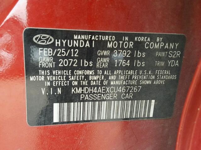 KMHDH4AEXCU467267 - 2012 HYUNDAI ELANTRA GL RED photo 10