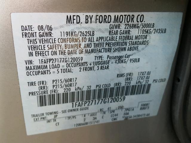 1FAFP27177G120059 - 2007 FORD FIVE HUNDR SILVER photo 10