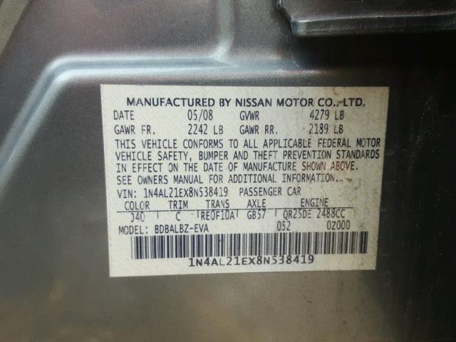 1N4AL21EX8N538419 - 2008 NISSAN ALTIMA 2.5 GREEN photo 10