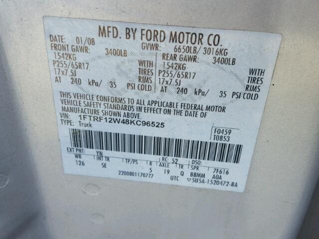 1FTRF12W48KC96525 - 2008 FORD F150 SILVER photo 10