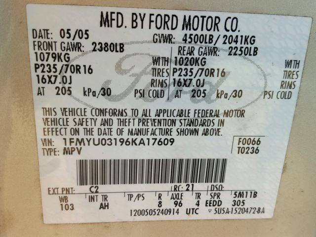 1FMYU03196KA17609 - 2006 FORD ESCAPE XLT GOLD photo 10