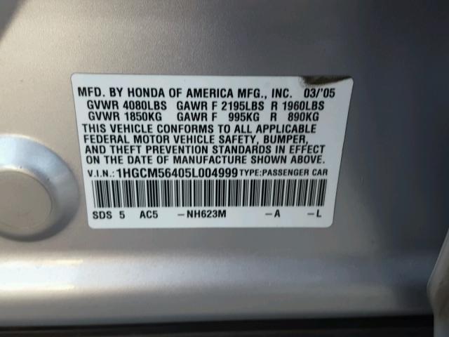 1HGCM56405L004999 - 2005 HONDA ACCORD LX SILVER photo 10