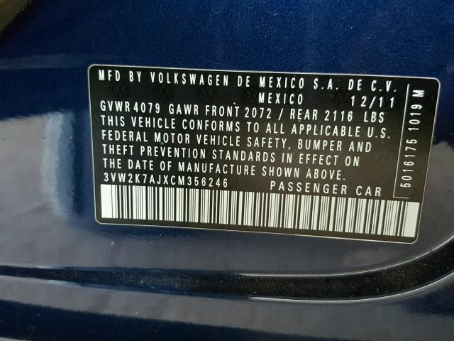 3VW2K7AJXCM356246 - 2012 VOLKSWAGEN JETTA BASE BLUE photo 10