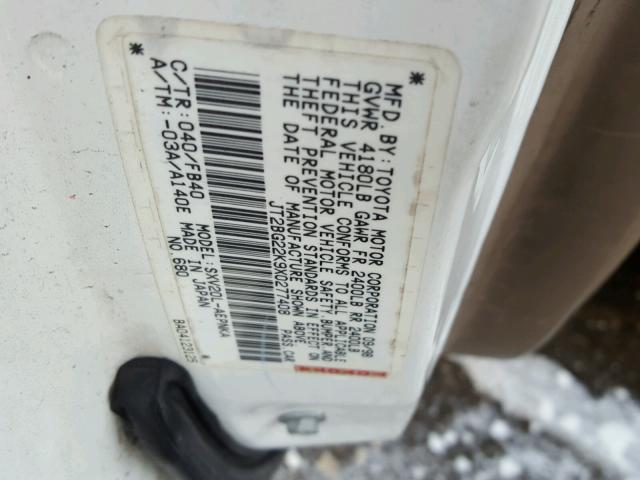 JT2BG22K9X0277408 - 1999 TOYOTA CAMRY LE WHITE photo 10