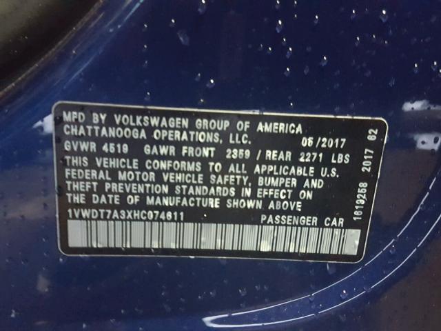1VWDT7A3XHC074611 - 2017 VOLKSWAGEN PASSAT R-L BLUE photo 10