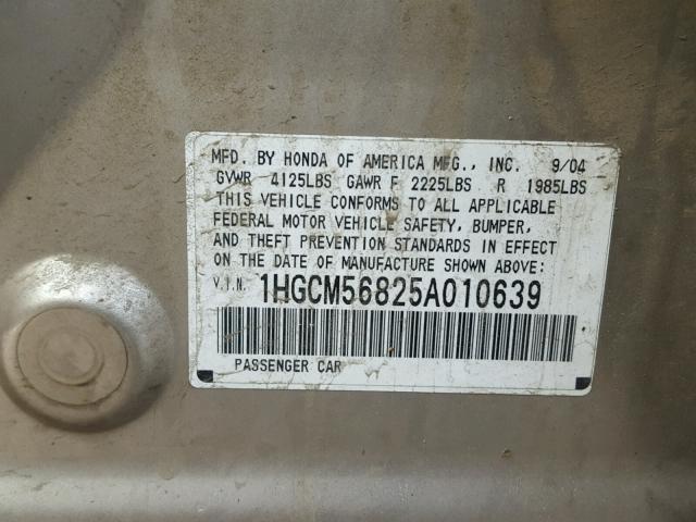 1HGCM56825A010639 - 2005 HONDA ACCORD EX TAN photo 10