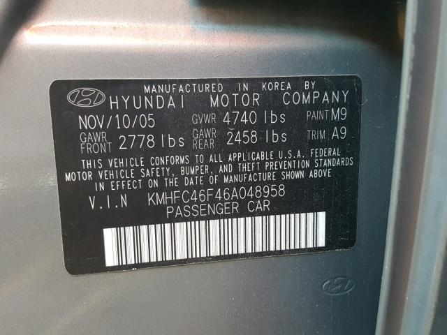 KMHFC46F46A048958 - 2006 HYUNDAI AZERA SE GREEN photo 10