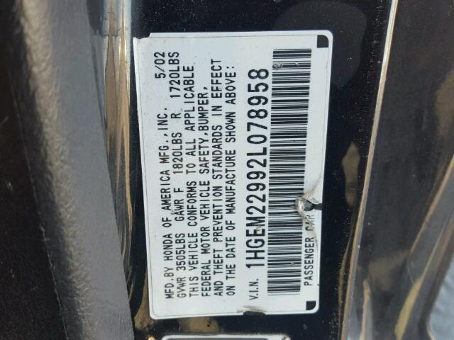1HGEM22992L078958 - 2002 HONDA CIVIC EX BLACK photo 10