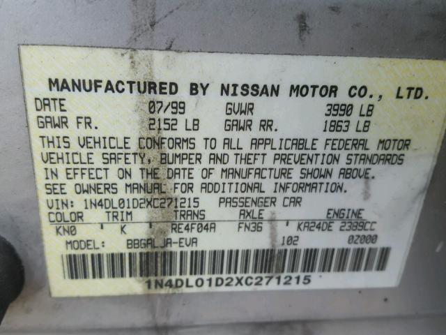 1N4DL01D2XC271215 - 1999 NISSAN ALTIMA XE GRAY photo 10