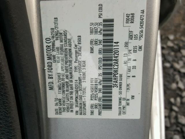 3FAHP0KC2AR420114 - 2010 FORD FUSION SPO SILVER photo 10