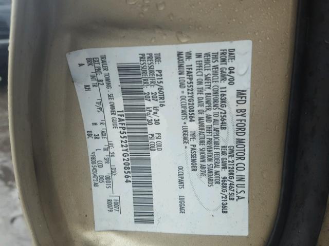 1FAFP5522YG208564 - 2000 FORD TAURUS SES GOLD photo 10