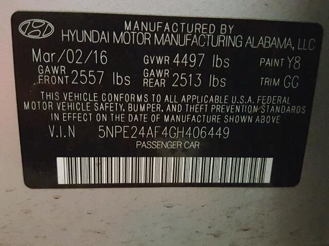 5NPE24AF4GH406449 - 2016 HYUNDAI SONATA SE 银色 照片 10