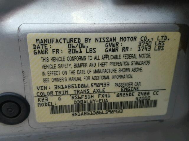 3N1AB51D86L598933 - 2006 NISSAN SENTRA SE- SILVER photo 10