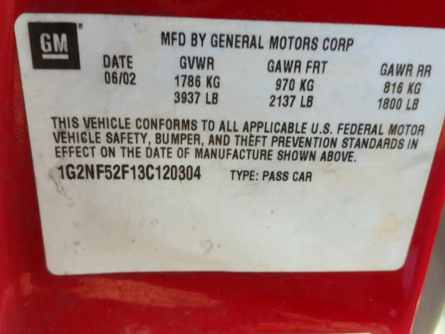 1G2NF52F13C120304 - 2003 PONTIAC GRAND AM S RED photo 10