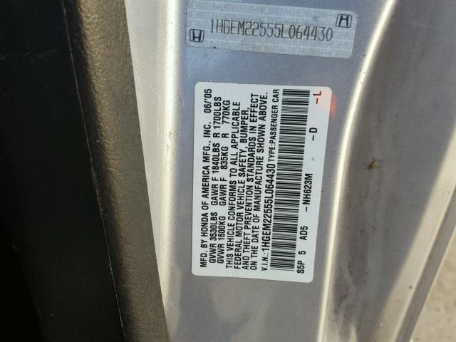 1HGEM22555L064430 - 2005 HONDA CIVIC LX SILVER photo 10